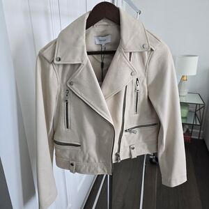 Reiss Santiago Leather Biker Jacket, Size US 6, off-white, NWT